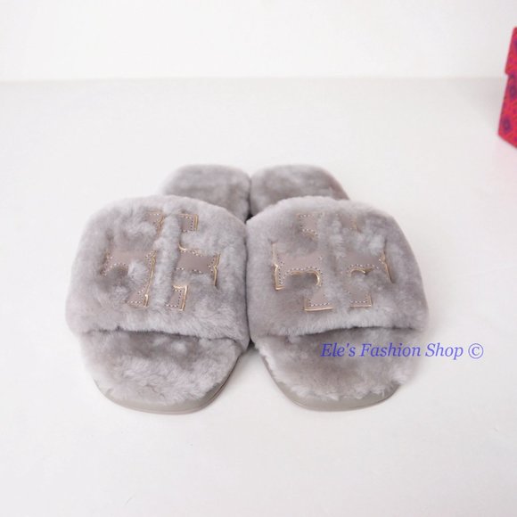 NIB Tory Burch Double T Shearling Slide Sandal GRAY HERON 6.5 7 7.5 8 AUTHENTIC - Picture 9 of 16